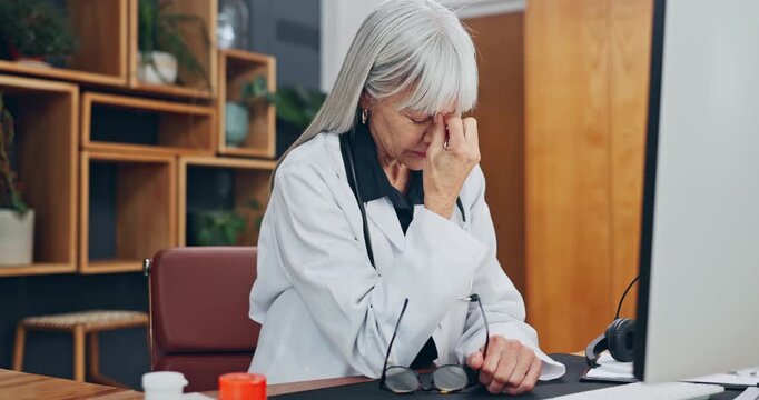 Woman, headache and doctor with stress in hospital for bad news or negative patient results. Migraine, fatigue and mature healthcare worker with burnout for mistake, error or medical fail in clinic.