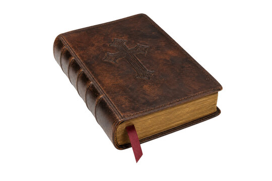 Old brown leather-bound Bible with an embossed cross and a red bookmark, isolated on a clean white background