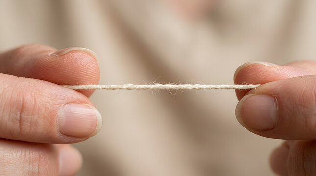 Close-up view of hands gently pulling and examining a slightly thicker piece of twisted natural yarn or cord.