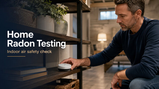 A person conducts a radon test indoors, checking the device placed on a shelf. This is part of an air safety check in a residential setting during the day