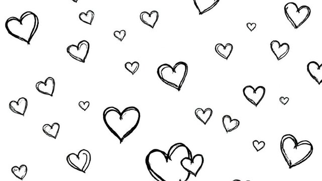 Hand drawn black hearts falling on white background