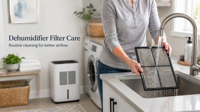 A person is washing a dehumidifier filter in a sink. The kitchen is clean and organized, with a washing machine and a dehumidifier in the background