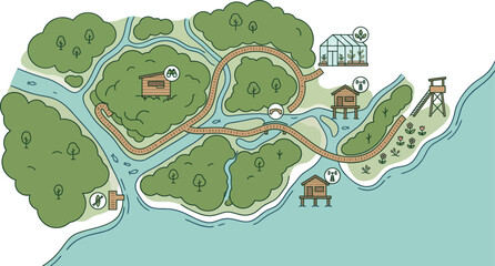 Obraz premium Illustrated Nature Park Map With Trails and Facilities