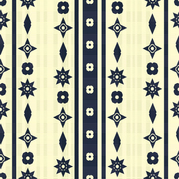 A refined entry for "The Classic" design challenge. This elegant two-color pattern features timeless geometric motifs&mdash;stars, diamonds, and small floral symbols&mdash;arranged in balanced vertical stripes.