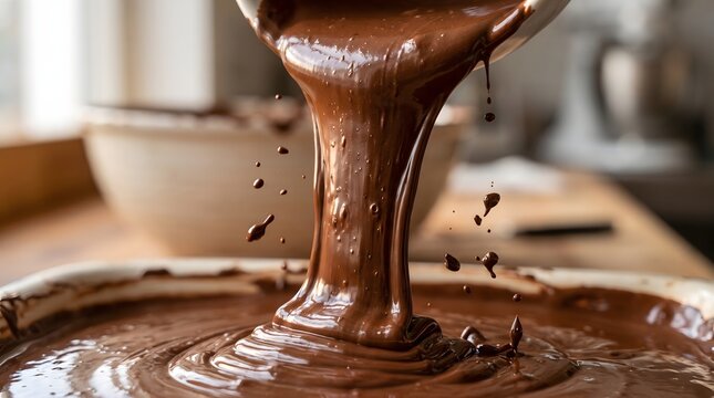 Velvety melted dark chocolate cascades down in a thick glossy stream creating beautiful ripples inside a ceramic white mixing bowl