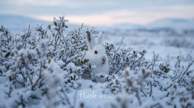 White arctic hare hiding in frosted bushes during early snowfall, serene arctic wildlife portrait in peaceful frozen tundra.