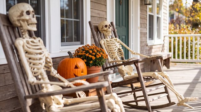 Two skeletons sitting on rocking chairs on a porch decorated for Halloween with a pumpkin and flowers in the foreground
