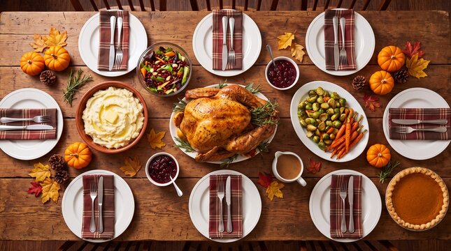 Thanksgiving dinner table set with roasted turkey, mashed potatoes, cranberry sauce, vegetables, and pumpkin pie surrounded by autumn decorations