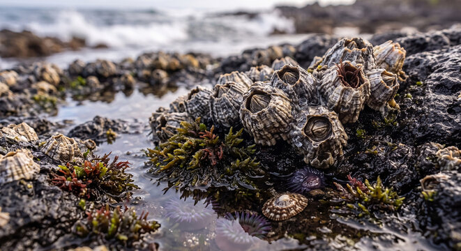 Macro Close-Up of Acorn Barnacles and Sea Anemones in Tide Pool on Rocky Seashore