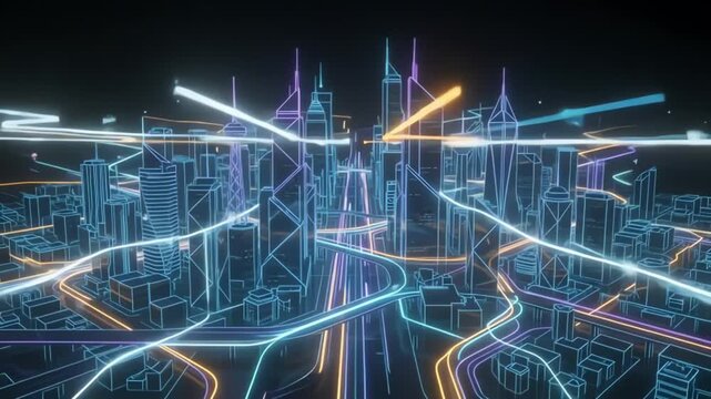Futuristic neon circuit board abstract design on dark background