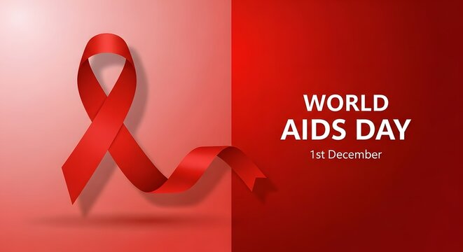A professional background design for world aids day featuring a realistic red ribbon symbol on a gradient red surface to raise awareness for global health