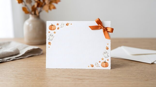 Decorative white greeting card featuring cute watercolor pumpkins ghosts and golden stars adorned with a vibrant orange satin ribbon bow