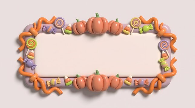 Rectangular holiday frame decorated with 3d pumpkins candy corn lollipops and colorful ribbons for festive autumn celebrations and seasonal marketing