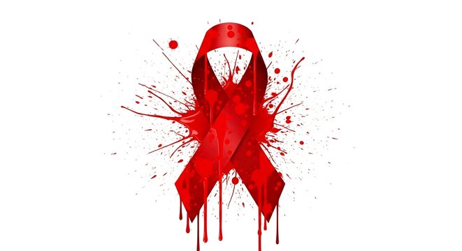 A vibrant red ribbon illustration created with artistic paint splashes on a clean white background to represent awareness and support during annual world aids day