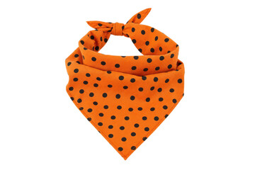 Vibrant orange bandana with black polka dots, neatly tied and displayed against a clean white background, showcasing its playful pattern © Chinases