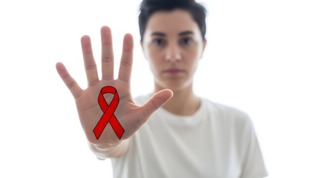 A young person showing a red ribbon on their palm to support the global awareness campaign for world aids day and promote health education and