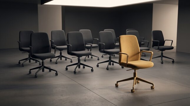 Golden chair standing out in a crowd of dark chairs symbolizing leadership uniqueness and individuality