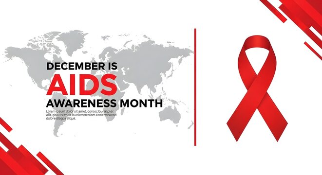 A professional graphic design concept for world aids day featuring a red awareness ribbon and a global map background to promote health education and support