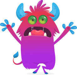 Fototapeta premium Funny Halloween monster character with horns waving hands isolated
