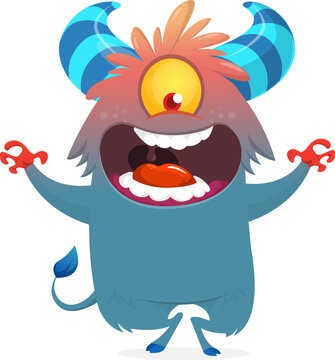 Happy Halloween cartoon monster with scary horns and funny face