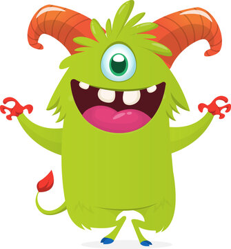 Happy Halloween cartoon monster with scary horns and funny face