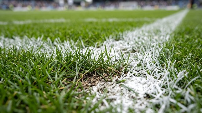 Vibrant green blades of grass contrast sharply with crisp white painted boundary lines on a professional soccer field playing surface
