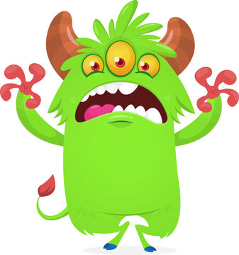 Happy Halloween cartoon monster with scary horns and funny face
