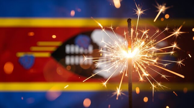 Macro shot of glowing sparkler with golden sparks against blurred national flag of Eswatini backdrop