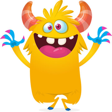 Cute funny Halloween cartoon monster creature waving hands vector