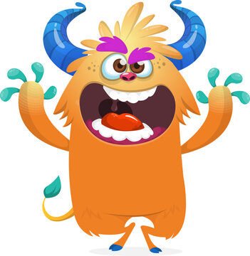 Cute funny Halloween cartoon monster creature waving hands vector