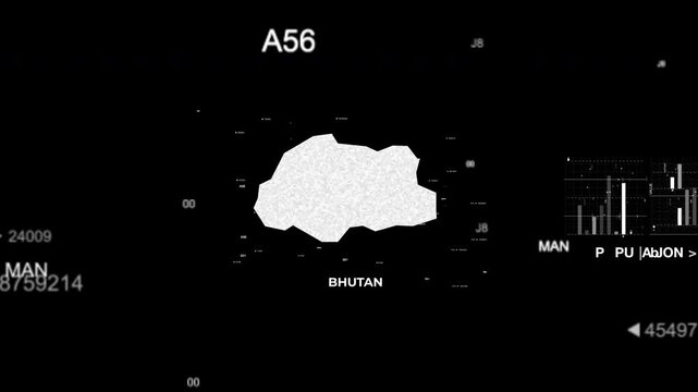 Bhutan map animation showcasing economy, infrastructure, technology, population, energy, trade, and national development data for presentations, films, documentaries, and motion graphics.