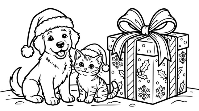 Puppy and kitten wearing Christmas hats with gift box coloring page vector illustration