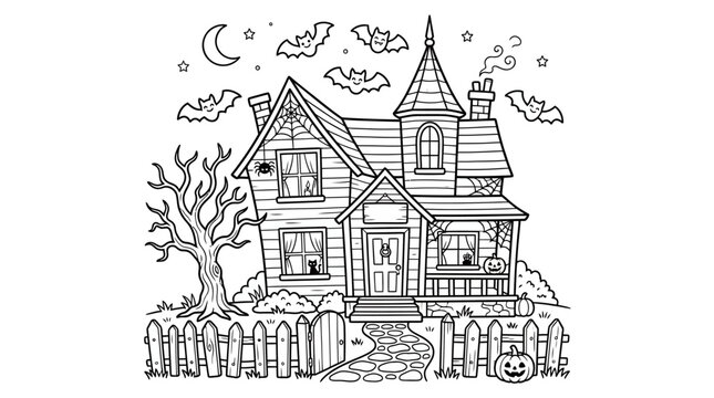Haunted house with bats and pumpkins coloring page vector illustration