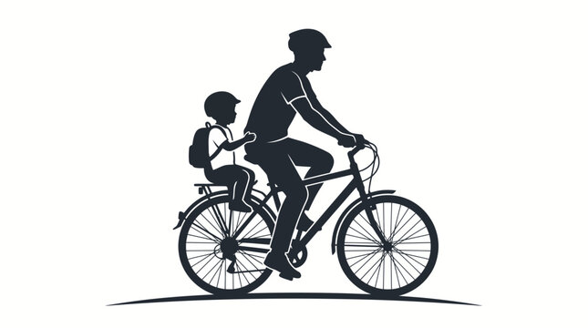 Father riding bicycle and carrying child silhouette vector illustration