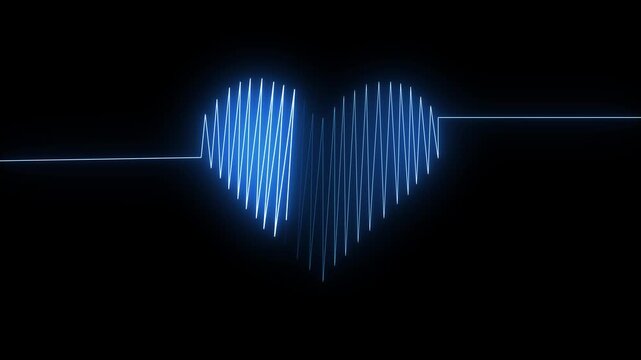 Blue glowing heart rate pulse wave forming a heart shape, medical and cardiology loop background.