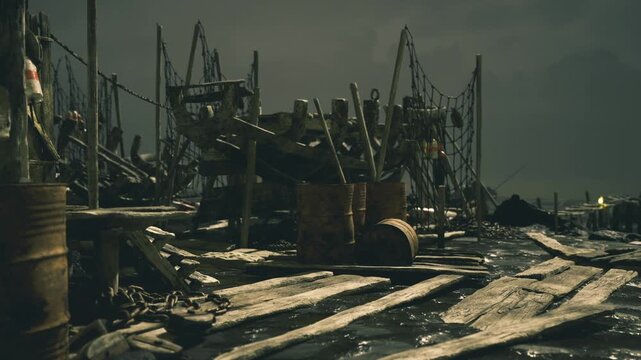 Closeup weathered wooden plank and barrel detail, peeling paint, rusted metal hoops and wet grain, tactile textures, splintered edges and damp shadows