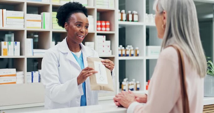Medication, happy pharmacist and woman with explanation for customer or side effects in pharmacy. Medicine, discussion and chemist with person for instructions, pill box and dispensary in drug store