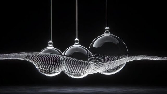 Glass spheres hang and interact with flowing lines, creating patterns in a dark background