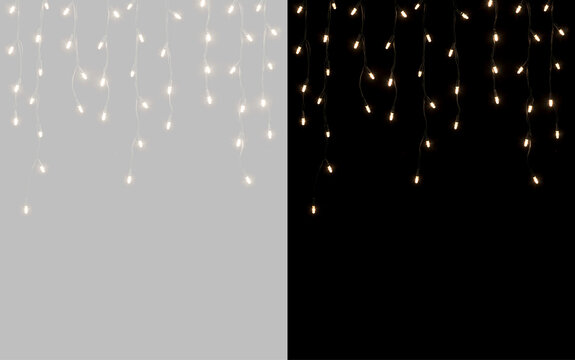 Hanging string lights overlay. Sparkling LED string lights. Warm glowing fairy lights on dark wire against transparent and black background. Classic festive holiday decoration with copy space
