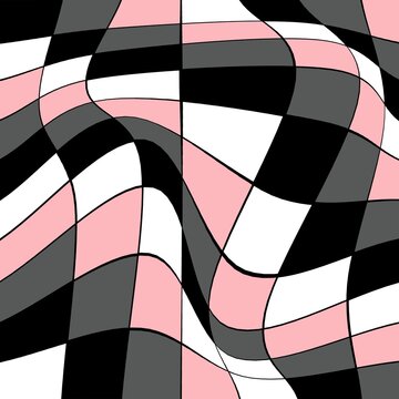 Abstract distorted wavy checkerboard pattern in pink black and white colors