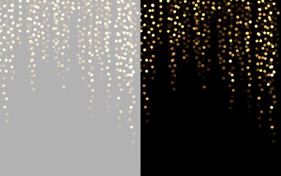 Golden bokeh light curtain overlay. Festive falling glowing particles on transparent and black background. Holiday decoration element, Christmas Light Garlands with copy space