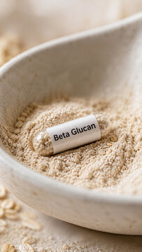 A beta glucan capsule is seen resting on a soft powder in a white bowl. Oat flakes are scattered around the bowl. This scene highlights a focus on health and nutrition
