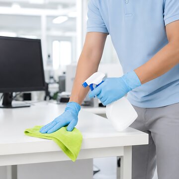 Office cleaning service worker wiping desk with spray and cloth in modern corporate workplace.