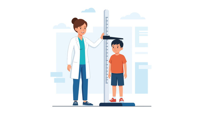 Pediatrician Measuring Child's Height with Stadiometer, Healthcare Concept Illustration