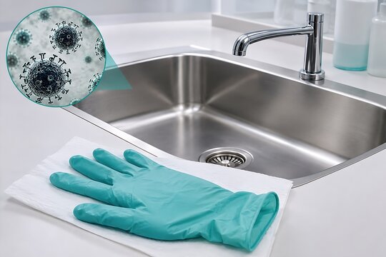 Microscopic bacteria visualization on stainless steel kitchen sink demanding deep disinfection.