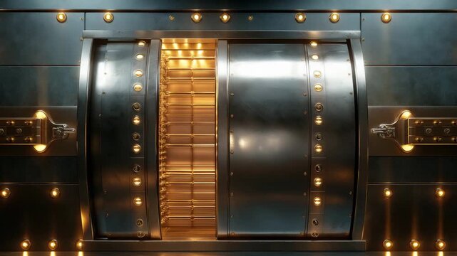 A large metal vault door slowly opens to reveal rows of golden bars inside in a secure environment
