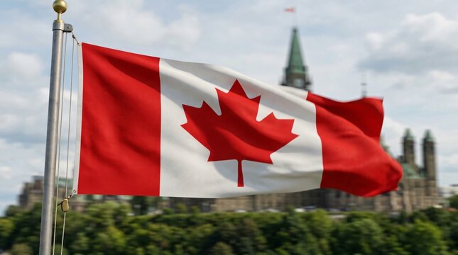 Canadian flag waving with Parliament Hill in Ottawa in the background during early autumn.