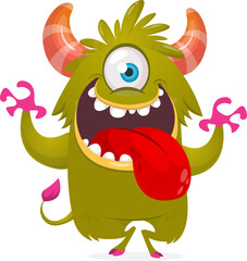 Fototapeta premium Cartoon Halloween monster creature with scary horns isolated white 