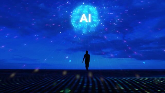 Futuristic woman, artificial intelligence network with walking towards