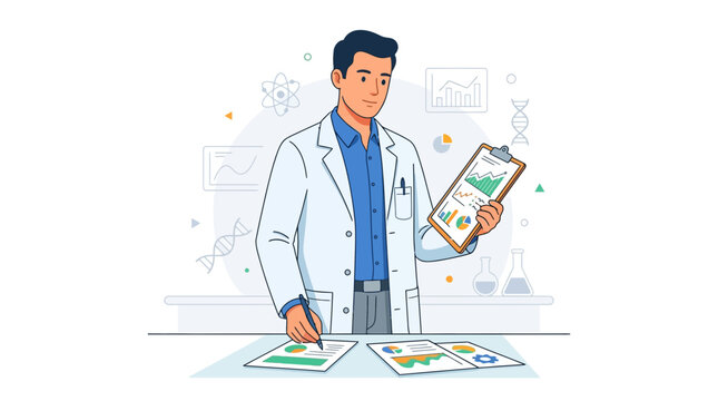 Scientist Analyzing Data Charts in Modern Laboratory, Vector Illustration